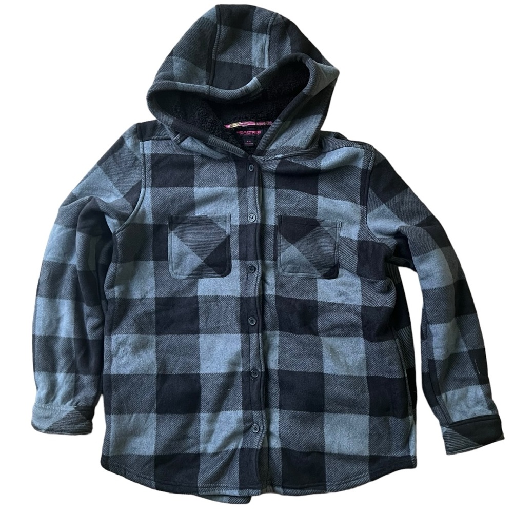REALTREE Women's Black Gray Plaid Flannel Hooded Jacket Size‎ Large
